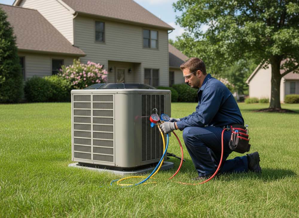 A technician connects gauges to an outdoor air conditioner