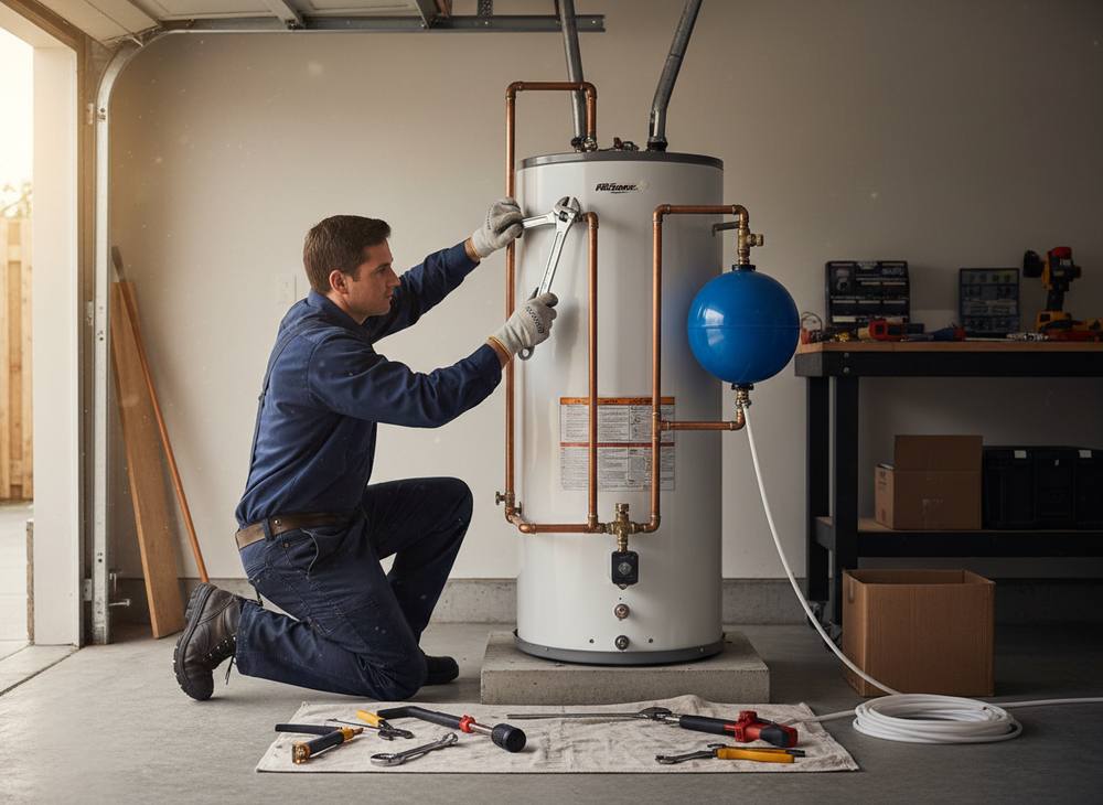 A plumber tightens fittings on a new water heater in a garage
