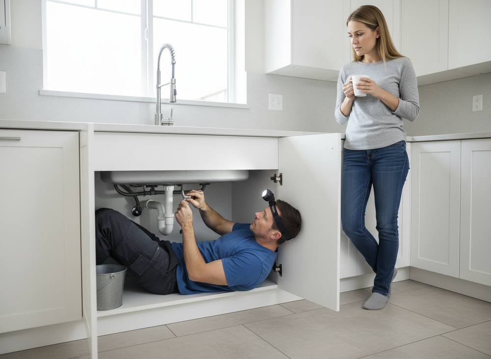 A plumber repairs a kitchen sink drain while the homeowner watches