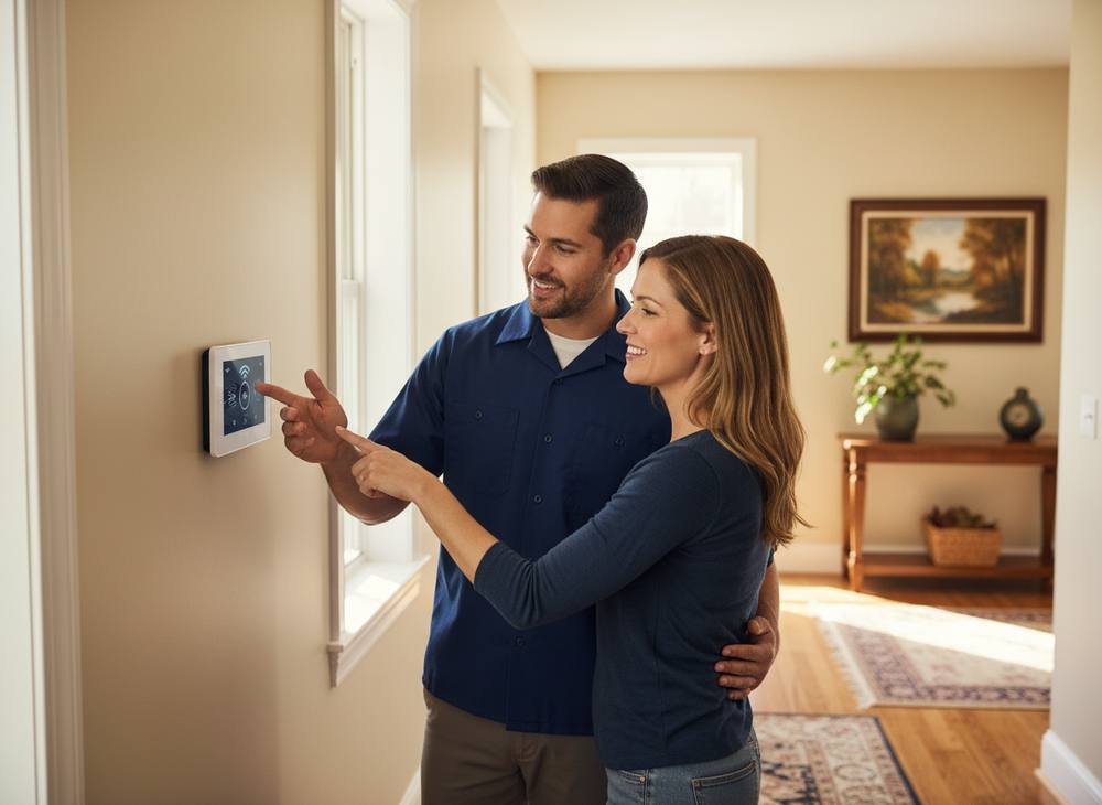 A technician shows a couple their new smart thermostat