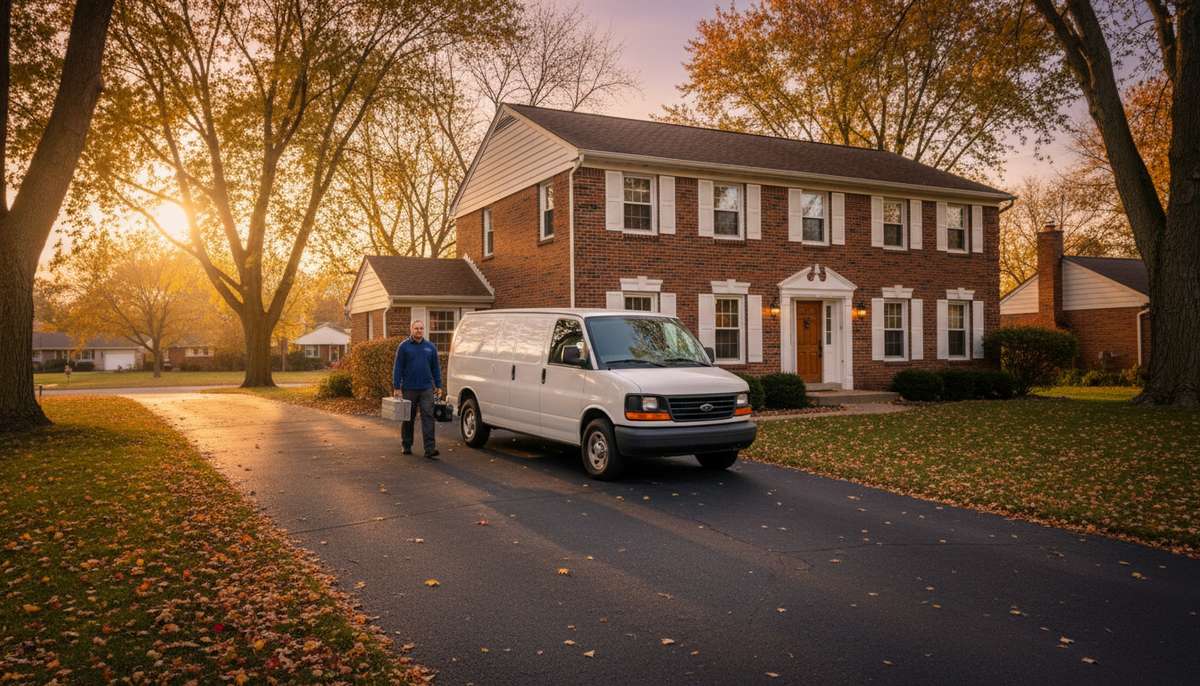A service van parked in the driveway of a brick home, a technician walking to the door